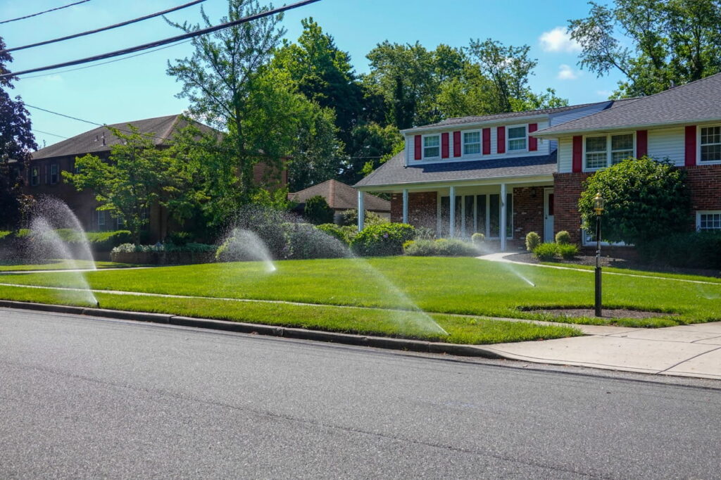 Active sprinklers on a residential front lawn